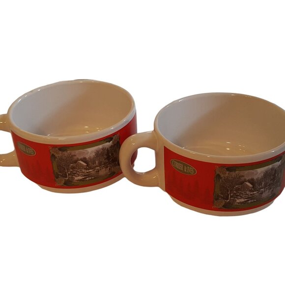 Currier and Ives Stackable Soup Mugs Houston Harvest SET of 2 Red Winter Scene - Picture 8 of 8